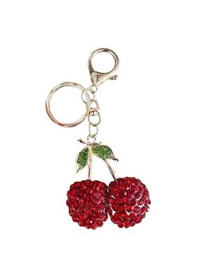 KEYCHAIN ~ Bejeweled Red Cherry Keychain w/Green Leaves in a Gold-Toned Setting